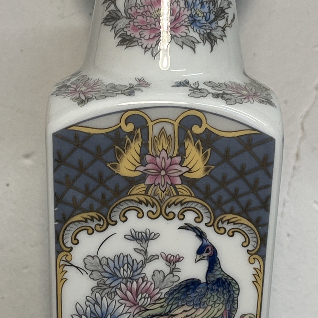 Japanese Peacock Decorative Porcelain Square Vase Blue Gold Floral 20th Century