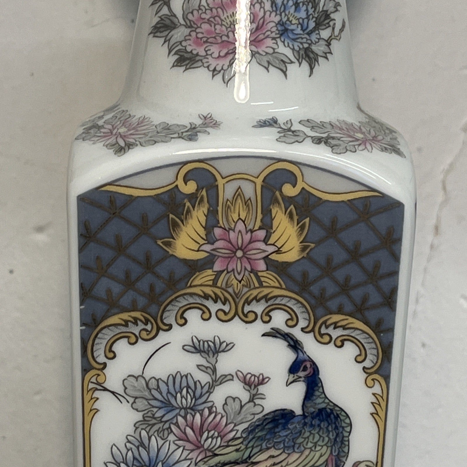 Japanese Peacock Decorative Porcelain Square Vase Blue Gold Floral 20th Century