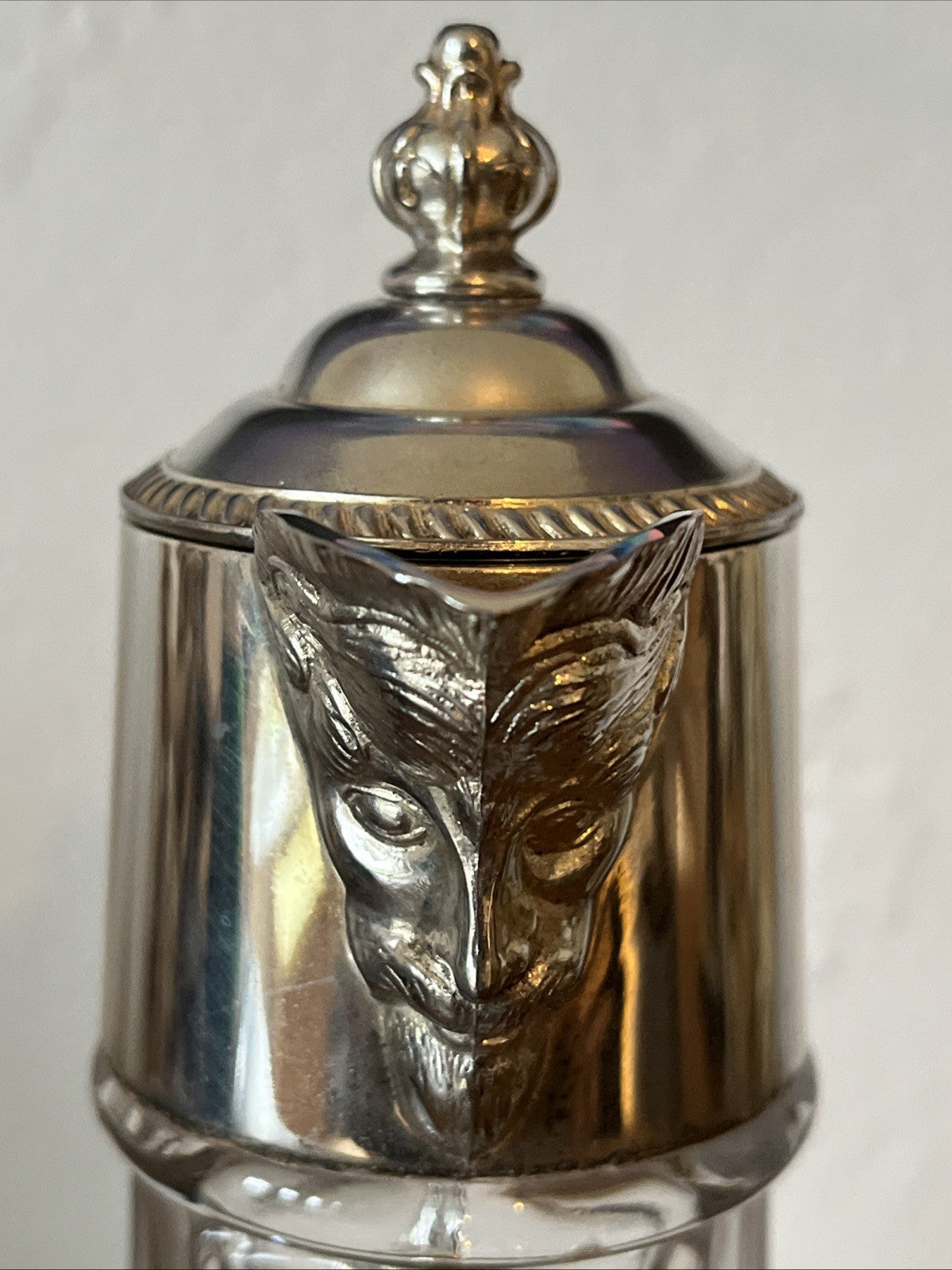 Falstaff Claret Jug Cut Crystal Silver Plated Figural Mask Spout
