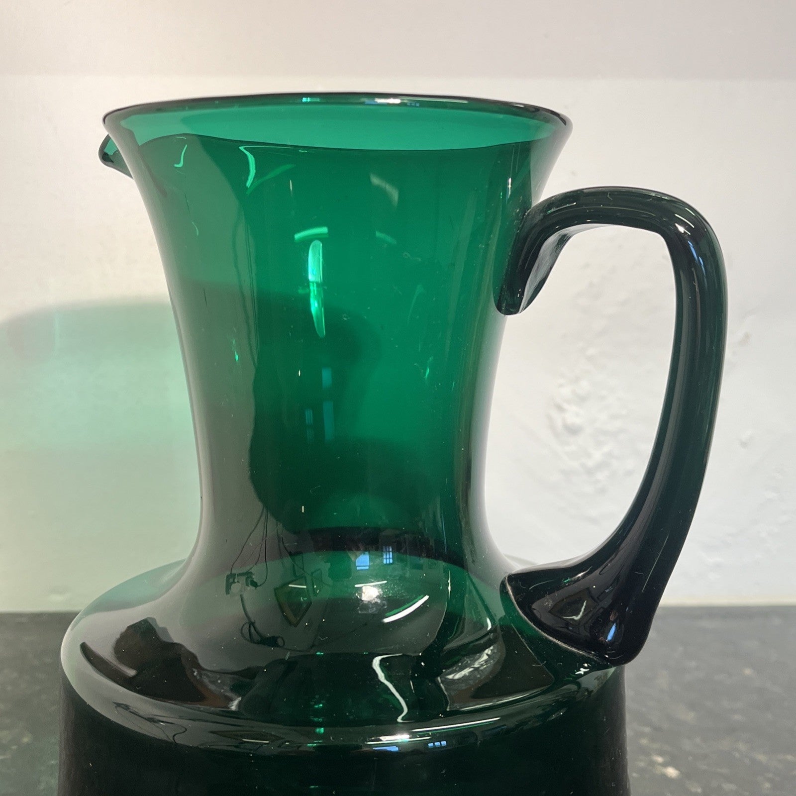 Vintage Emerald Green Art Glass Jug  Sculptural Mid Century Style