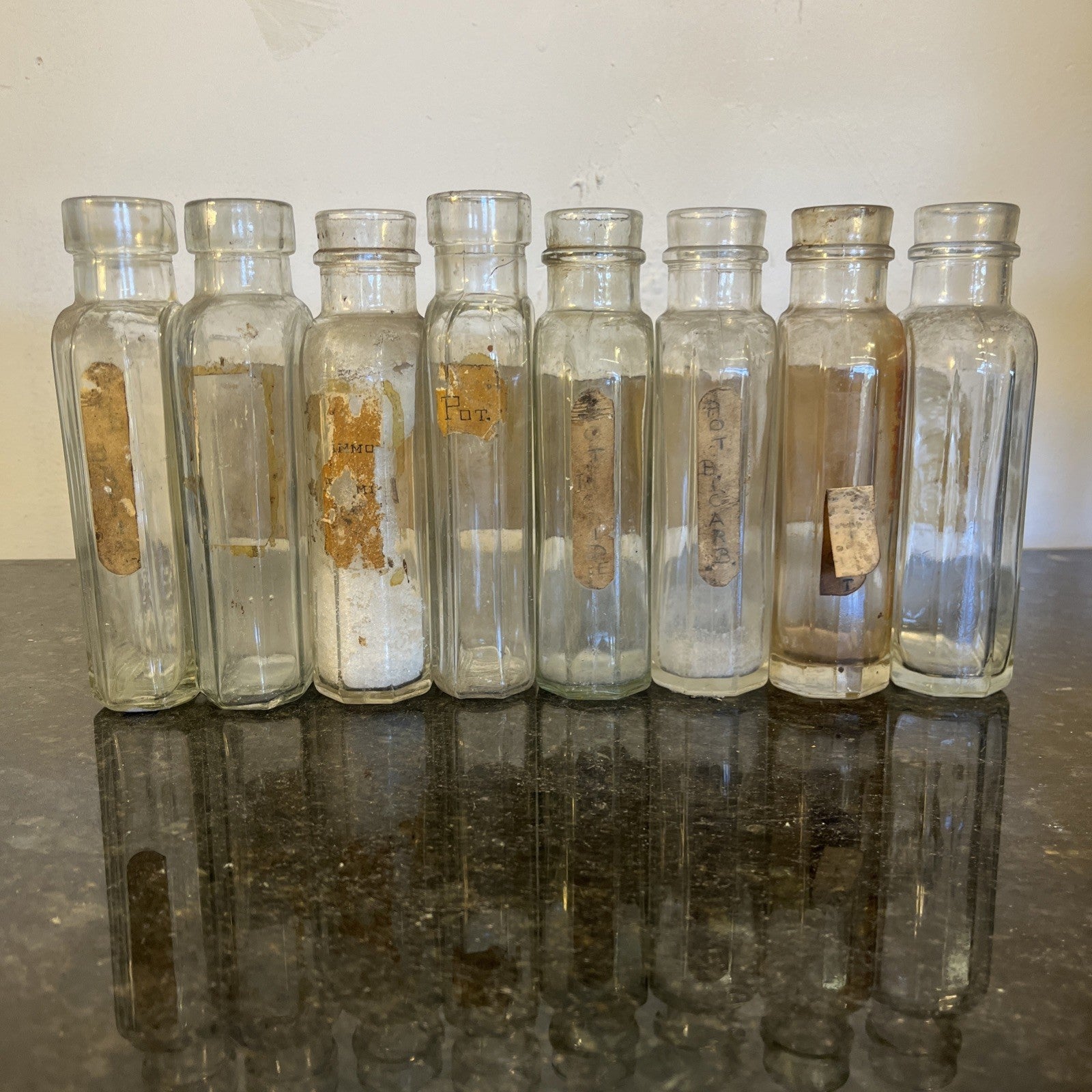 Antique Chemist Bottles Apothecary Pharmacy Labels Glass Set of 8 B.P.