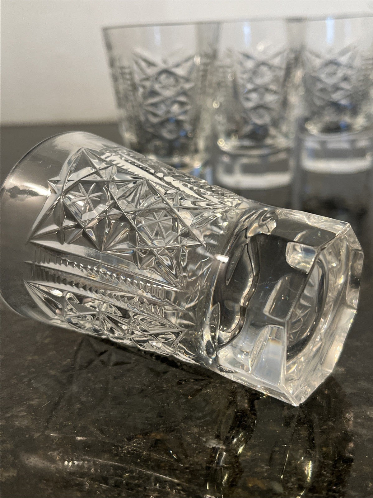 Soviet Cut Crystal Shot Glasses Geometric Vodka Glasses USSR Style Set Of 4