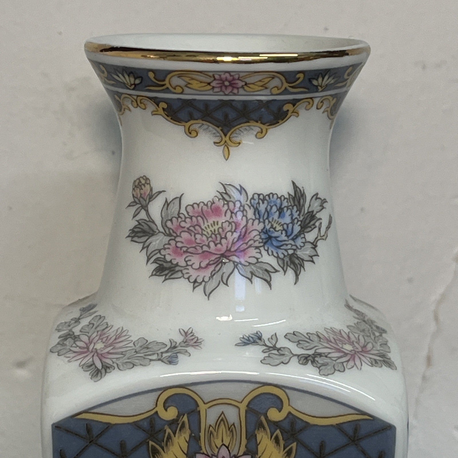 Japanese Peacock Decorative Porcelain Square Vase Blue Gold Floral 20th Century