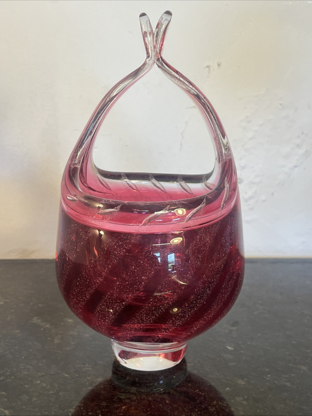 Czech Art Glass Basket Josef Hospodka Chřibská Cranberry Controlled Bubble Vase