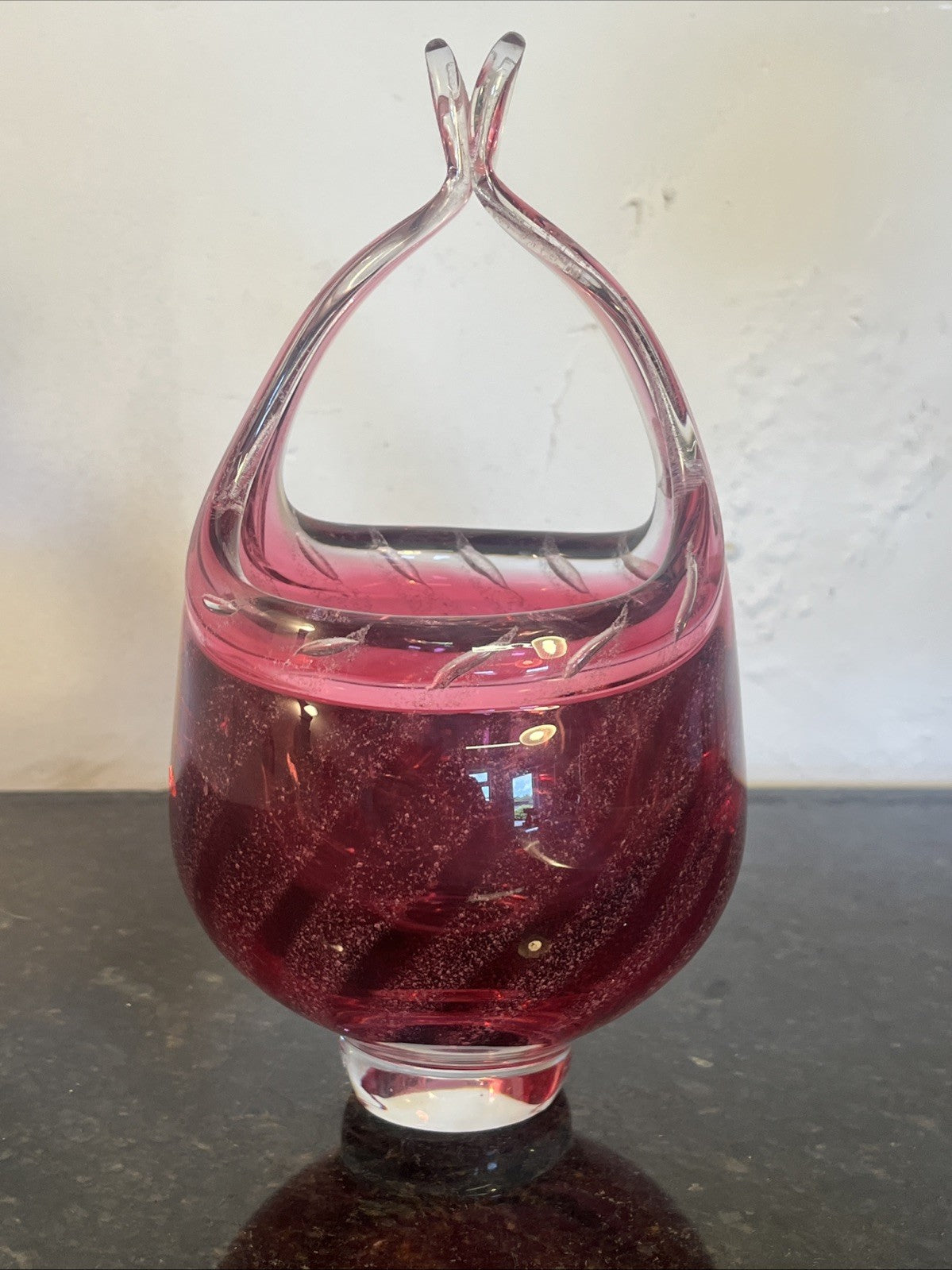 Czech Art Glass Basket Josef Hospodka Chřibská Cranberry Controlled Bubble Vase