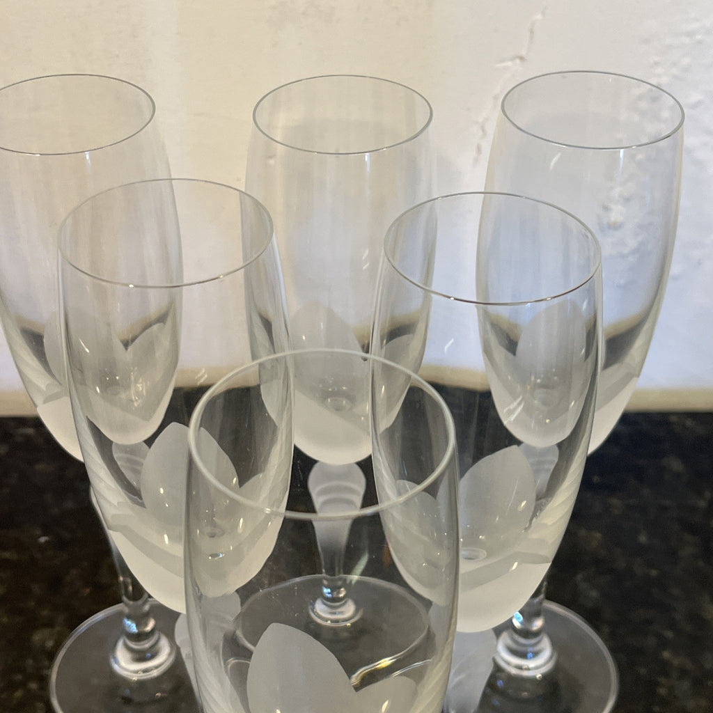 Lednicke Rovne Crystal Flutes Set 6 Lily Frosted Champagne Glasses Vintage