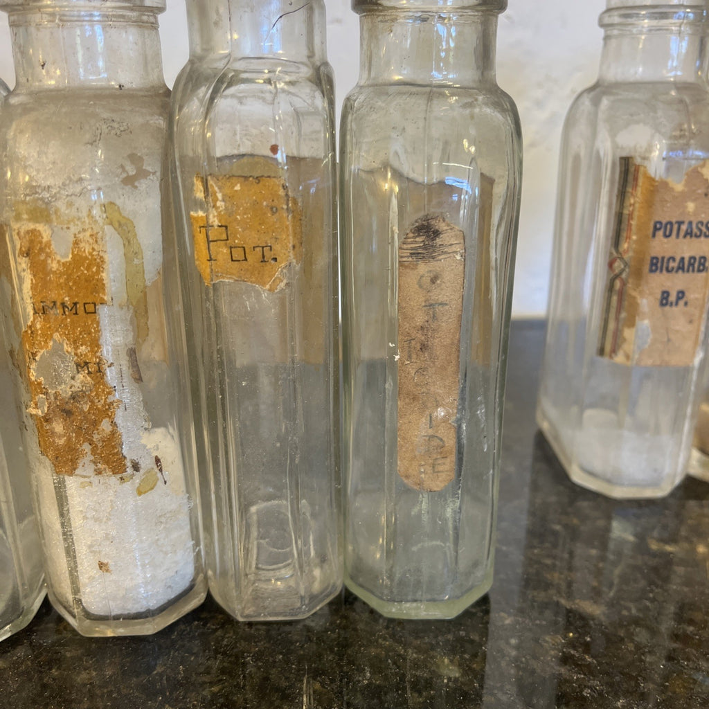 Antique Chemist Bottles Apothecary Pharmacy Labels Glass Set of 8 B.P.