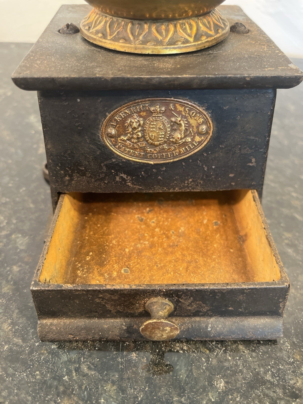 Kenrick Sons Patent Coffee Mill Antique Cast Iron Brass Grinder Victorian