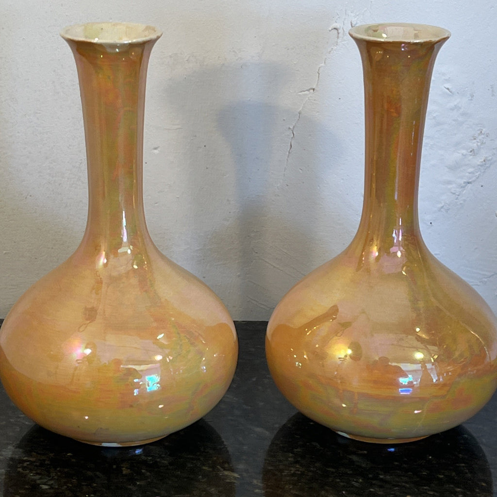 Pair Devon Ware Fieldings Lustre Vases Orange Iridescent Stoke