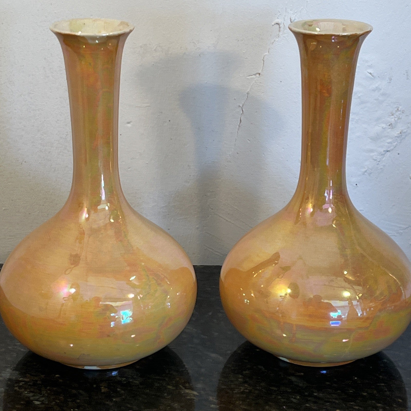 Pair Devon Ware Fieldings Lustre Vases Orange Iridescent Stoke