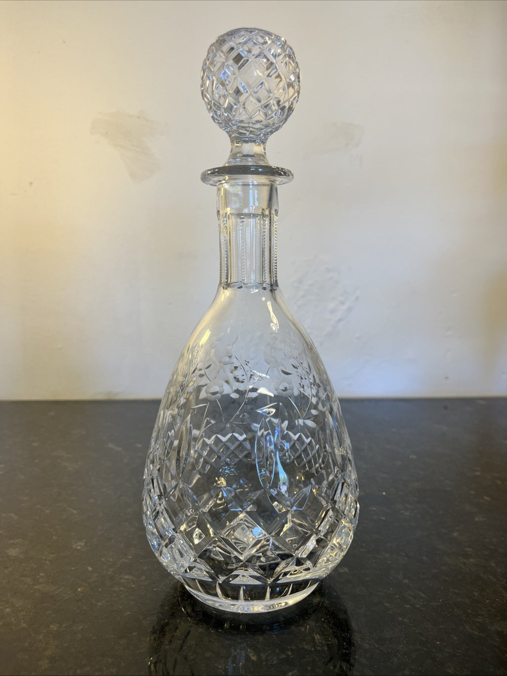 Rogaska Gallia Crystal Wine Decanter Diamond Cut Etched Floral Stopper Slovenia