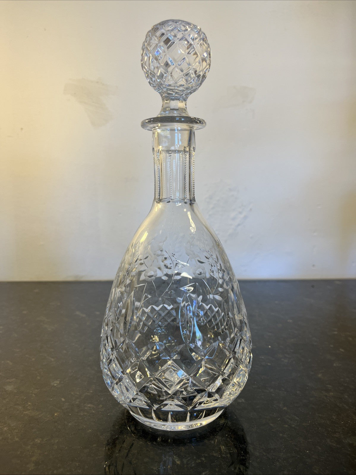 Rogaska Gallia Crystal Wine Decanter Diamond Cut Etched Floral Stopper Slovenia