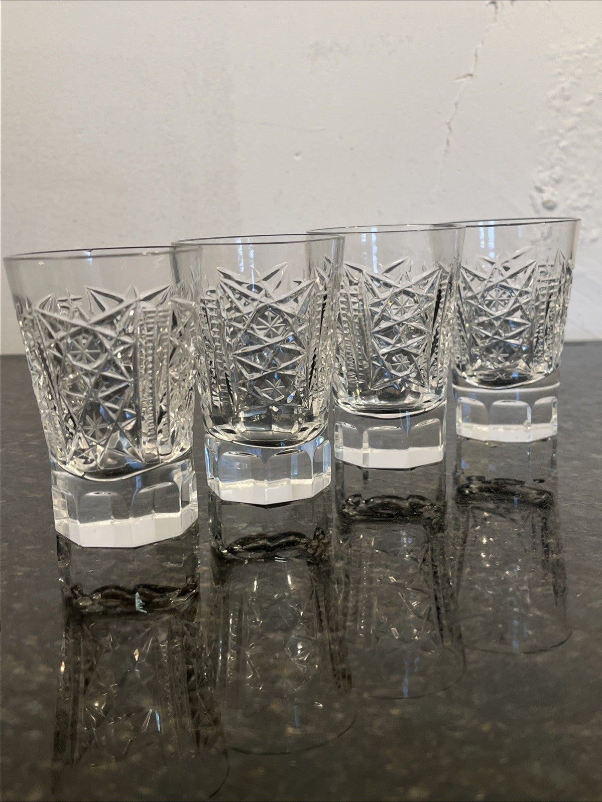 Soviet Cut Crystal Shot Glasses Geometric Vodka Glasses USSR Style Set Of 4