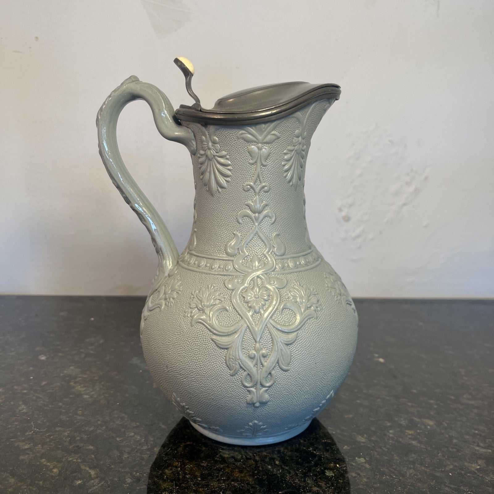 Victorian Stoneware Jug Thompsons Patent Pewter Lid Floral Relief