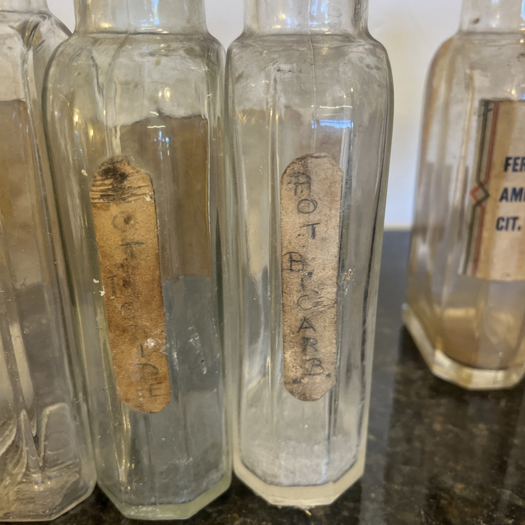 Antique Chemist Bottles Apothecary Pharmacy Labels Glass Set of 8 B.P.