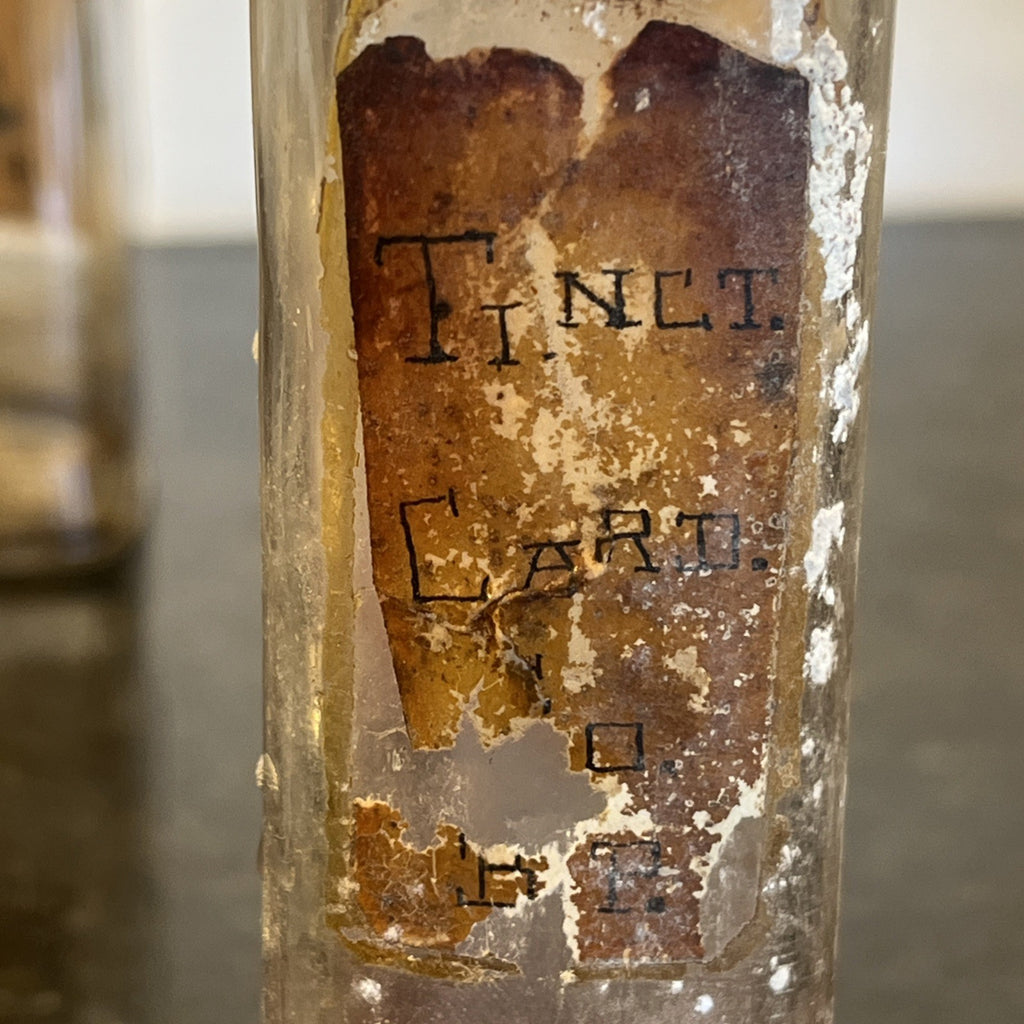 Antique Chemist Bottles Apothecary Pharmacy Labels Glass Set of 4 B.P.
