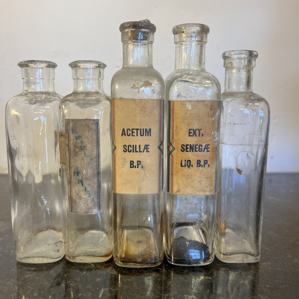 Antique Apothecary Bottles Original Pharmacy Labels Glass Chemist Mixed Set of 5