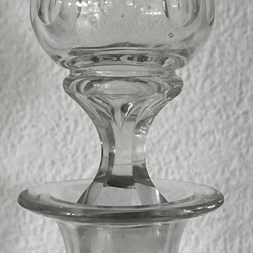 Vintage Cut Glass Decanter Pair Globe Shape Etched Oval Pattern Stoppers