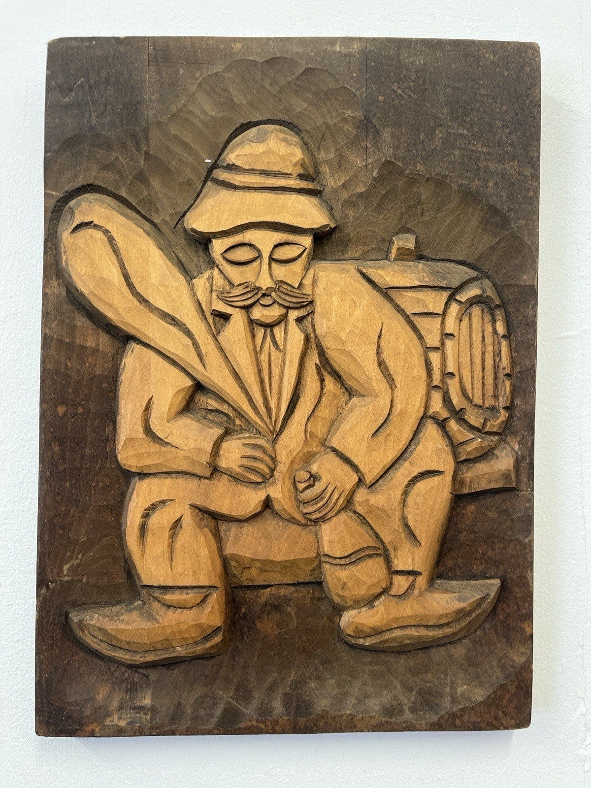 Hand Carved Wooden Folk Art Plaque Rustic Tavern Man With Barrel Wall Hanging