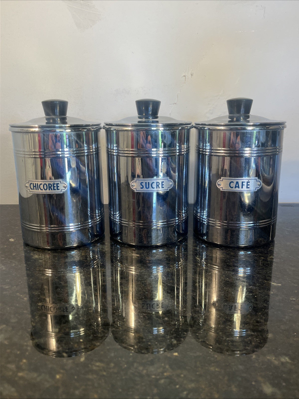 set of 3 VINTAGE French chrome-plated copper CANISTERS - RETRO 1960's