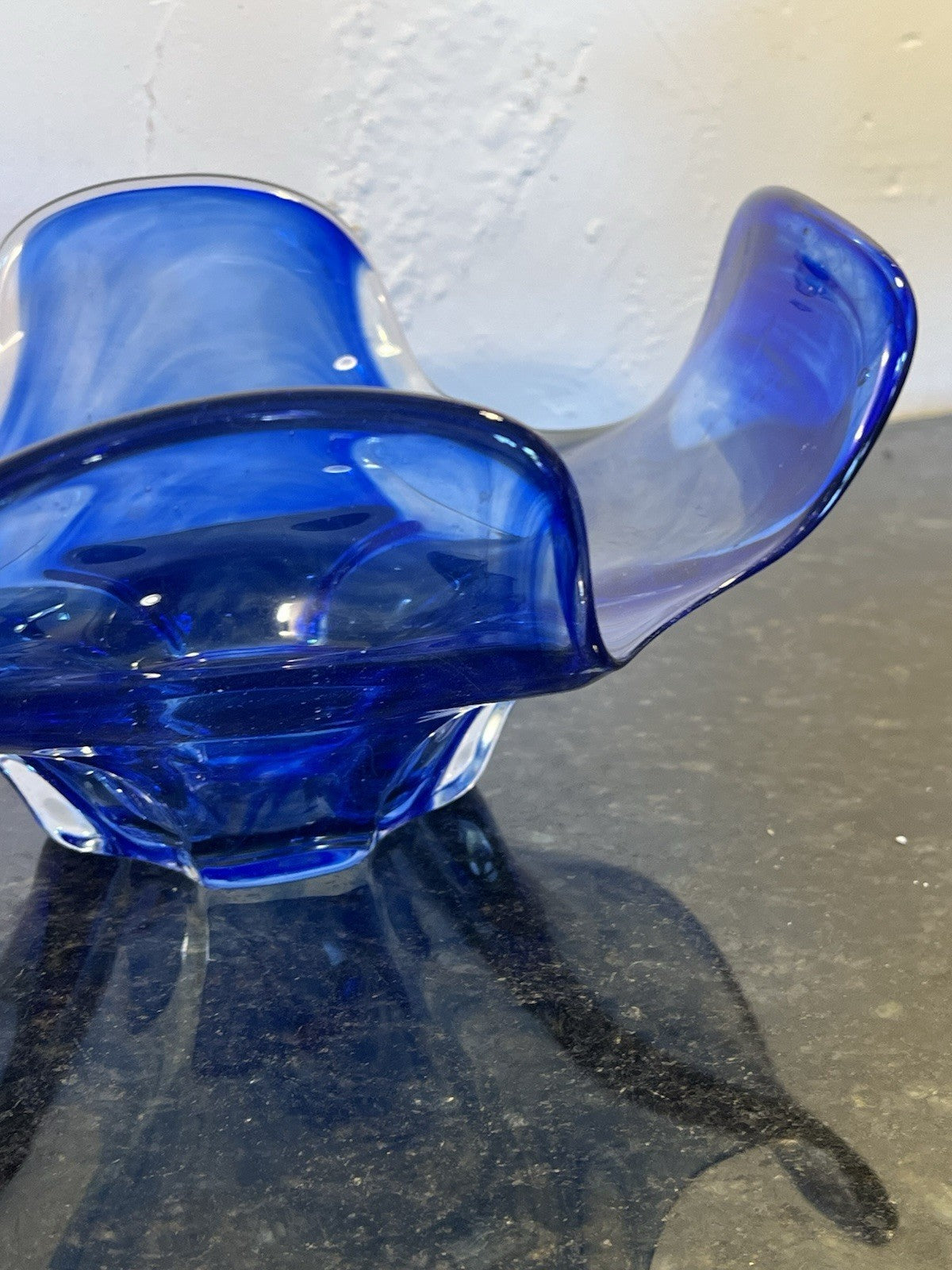 Vintage Czech Chřibská Style Hand Blown Blue Cased Art Glass Freeform Bowl