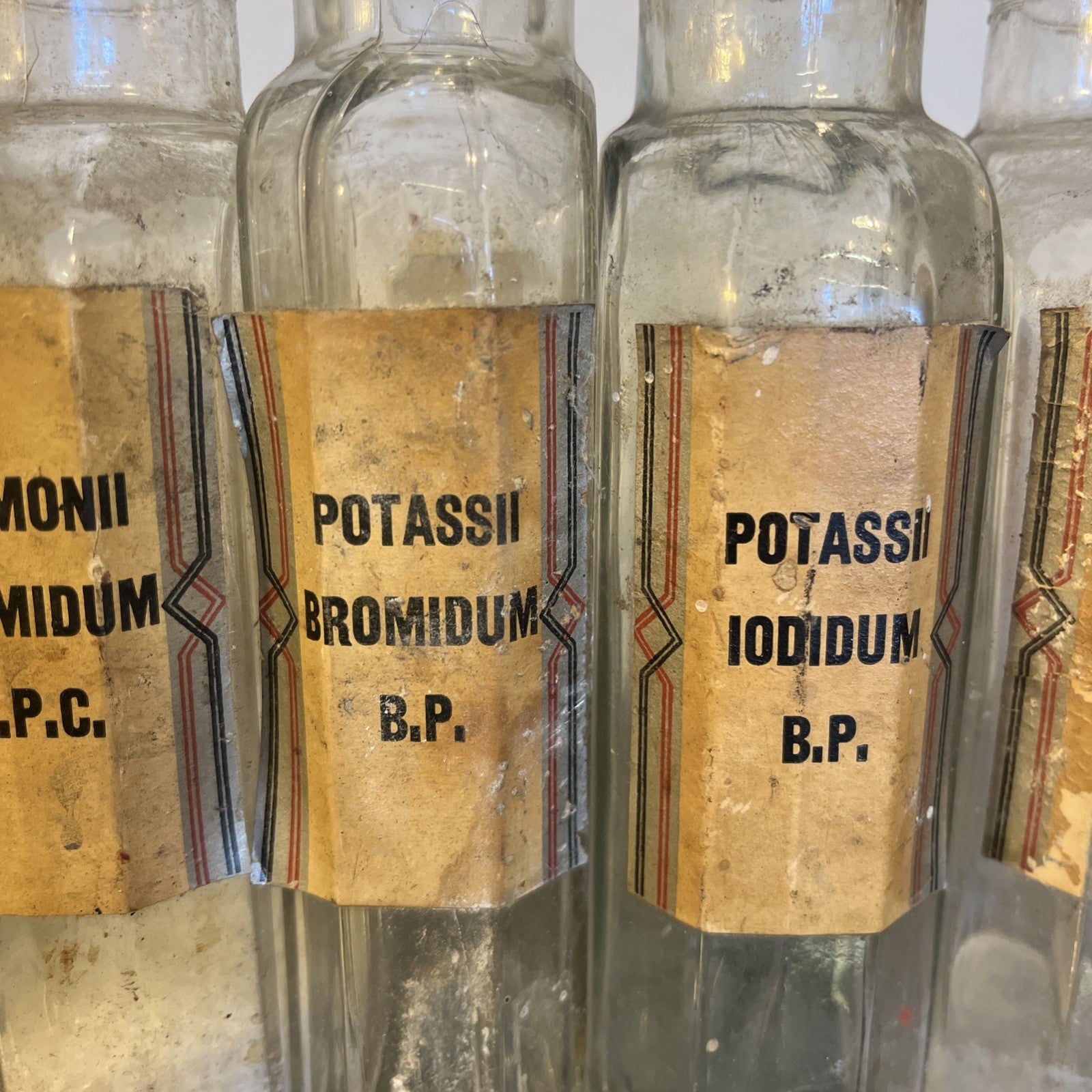 Antique Chemist Bottles Apothecary Pharmacy Labels Glass Set of 8 B.P.