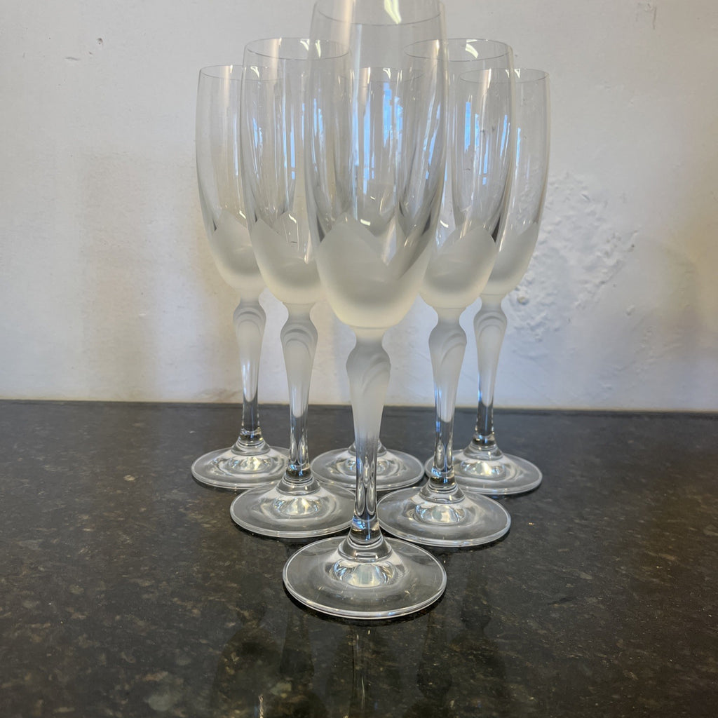 Lednicke Rovne Crystal Flutes Set 6 Lily Frosted Champagne Glasses Vintage