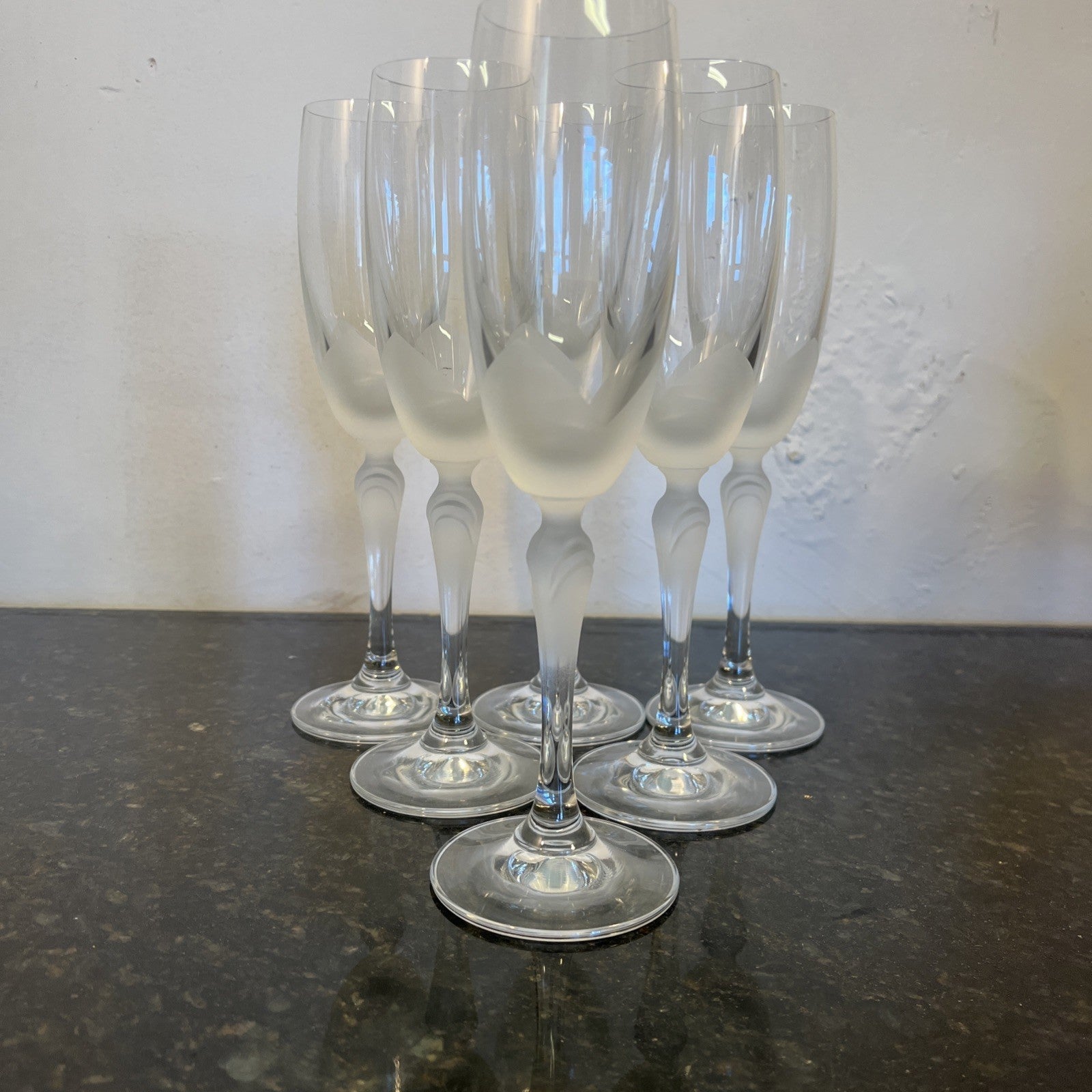 Lednicke Rovne Crystal Flutes Set 6 Lily Frosted Champagne Glasses Vintage