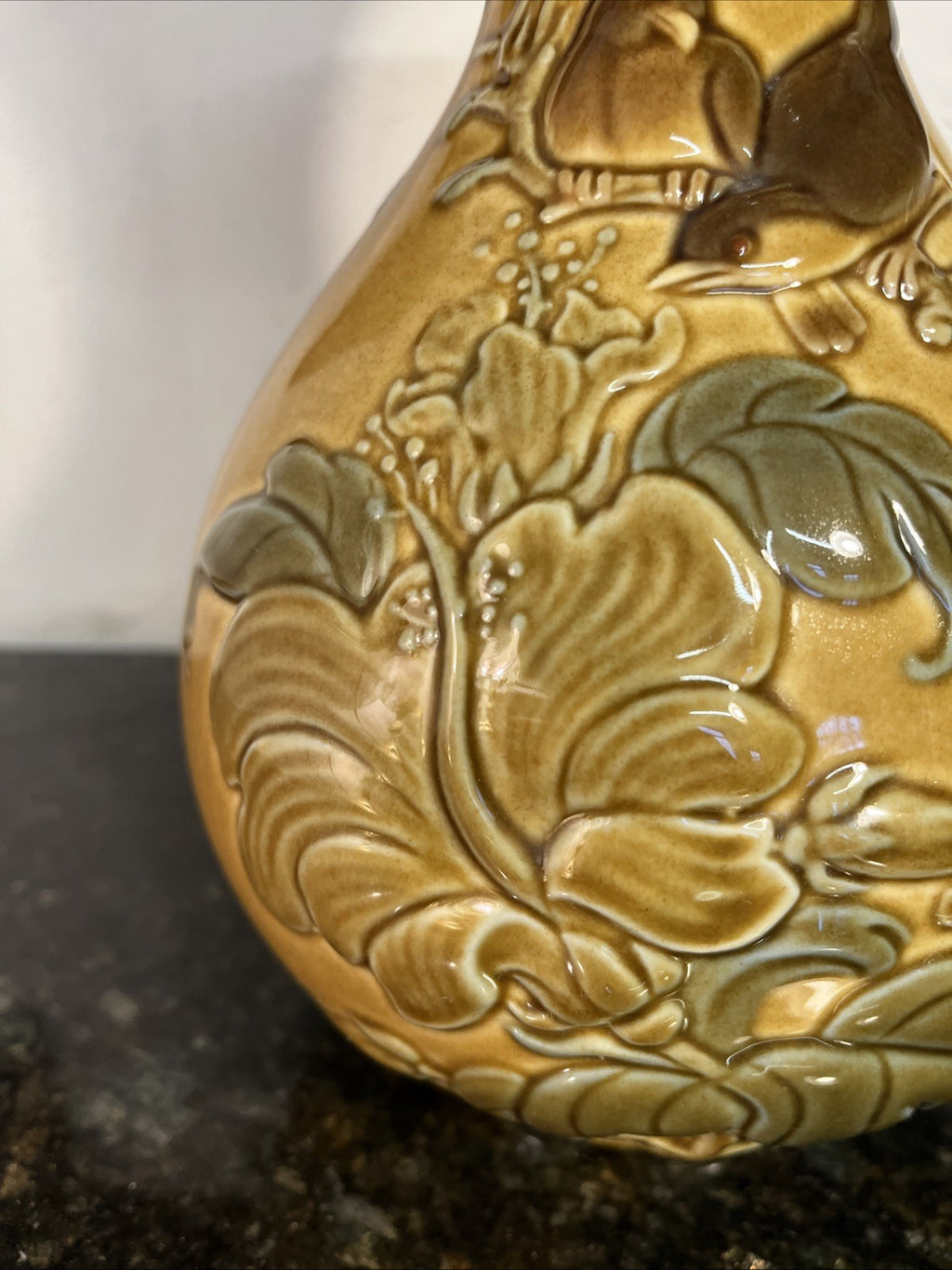 Lladro Relief Bird Vase Honey Glaze Spanish Ceramic Floral Foliage