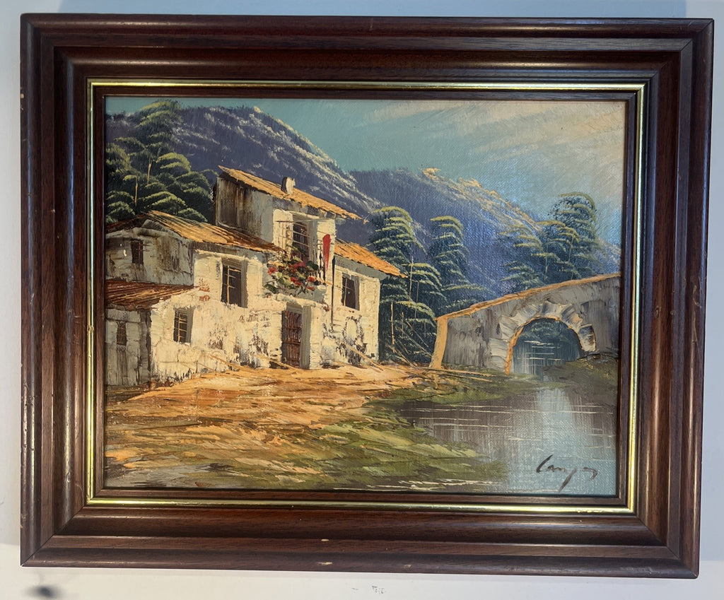 Spanish Village Oil Painting Signed Camps Framed Mountain Bridge Scene