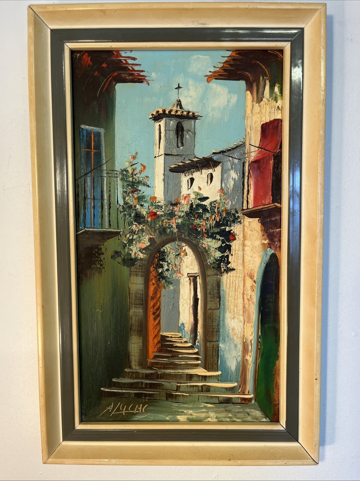 A Lucas Venetian Town View Oil Painting Framed Mid Century Street Scene