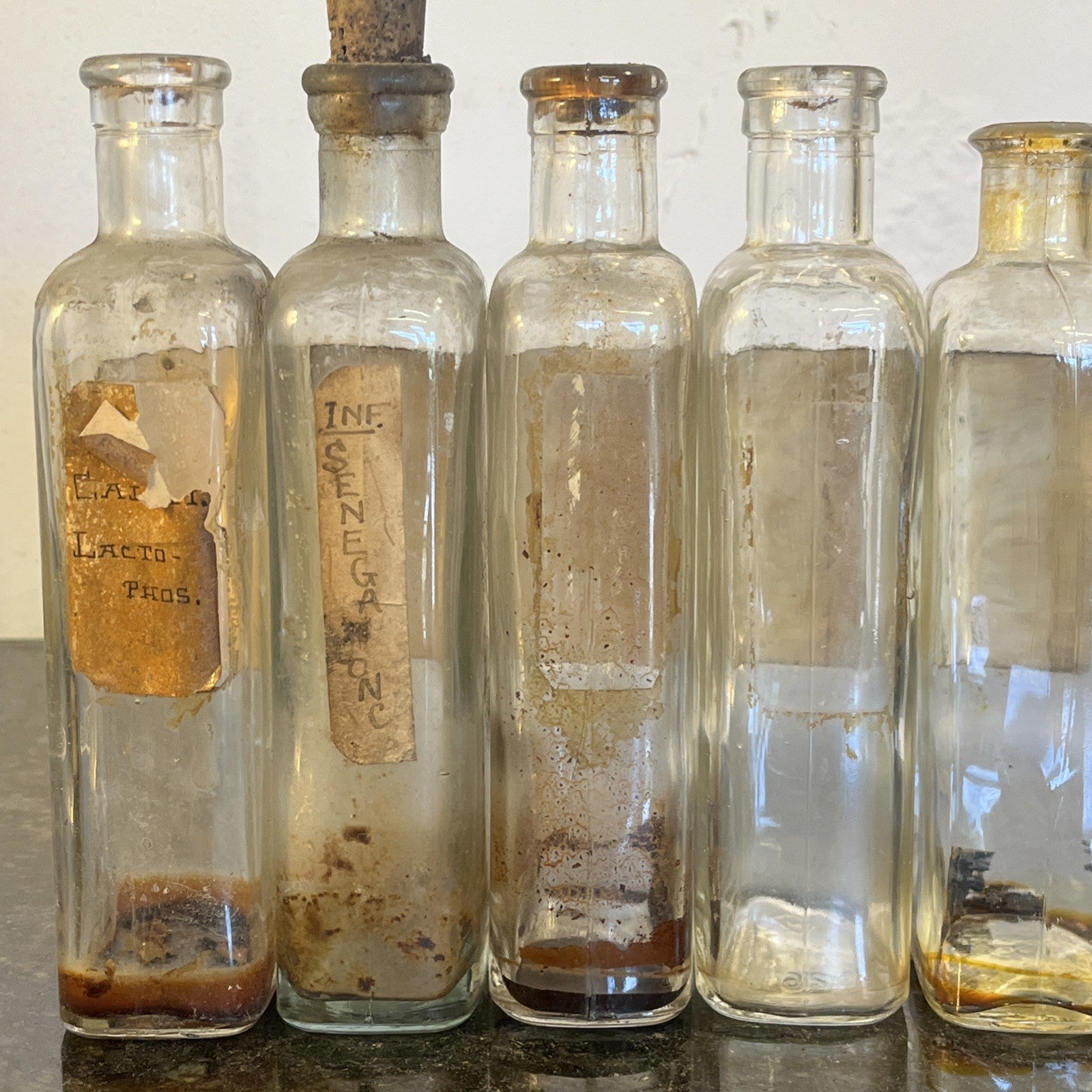 Antique Chemist Bottles Apothecary Pharmacy Labels Glass Set of 4 B.P.