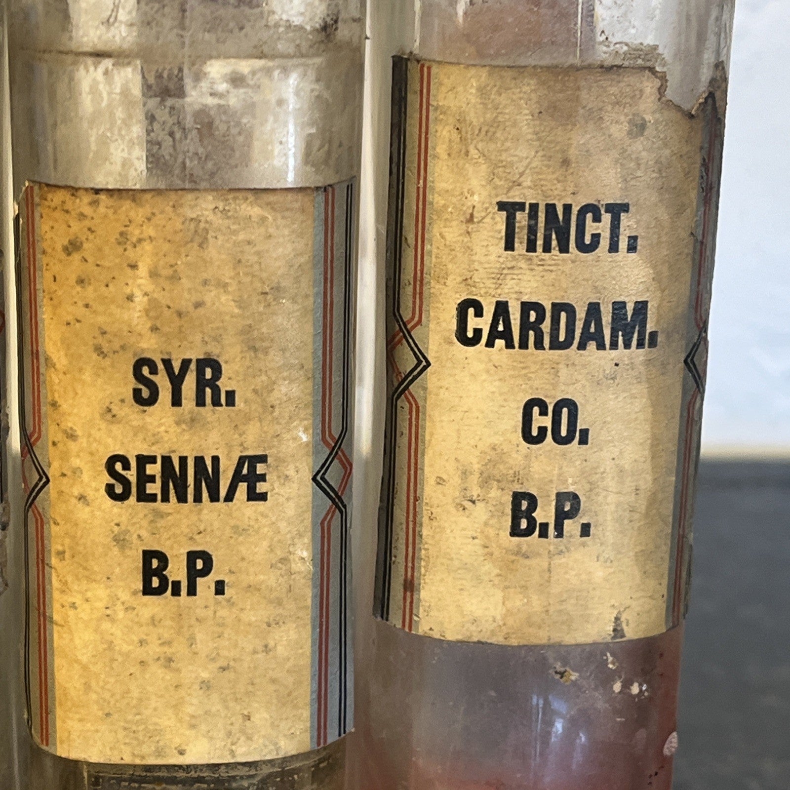 Antique Chemist Bottles Apothecary Pharmacy Labels Glass Set of 4 B.P.