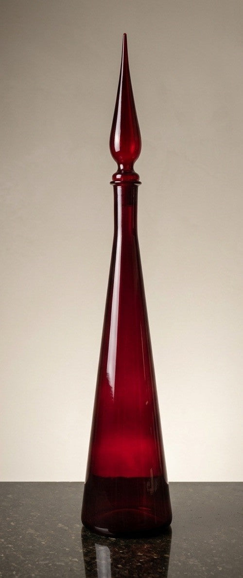 Empoli Ruby Red Genie Bottle Decanter Italian Art Glass MCM With Stopper 74cm
