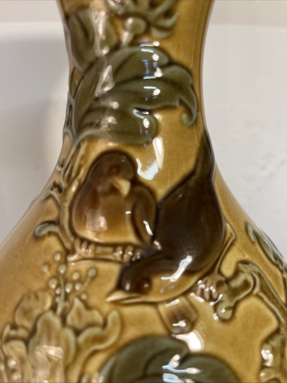 Lladro Relief Bird Vase Honey Glaze Spanish Ceramic Floral Foliage
