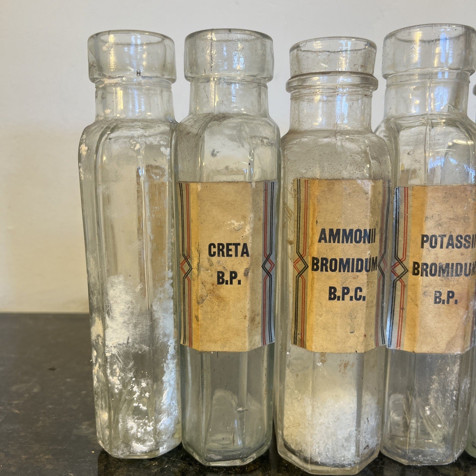 Antique Chemist Bottles Apothecary Pharmacy Labels Glass Set of 8 B.P.