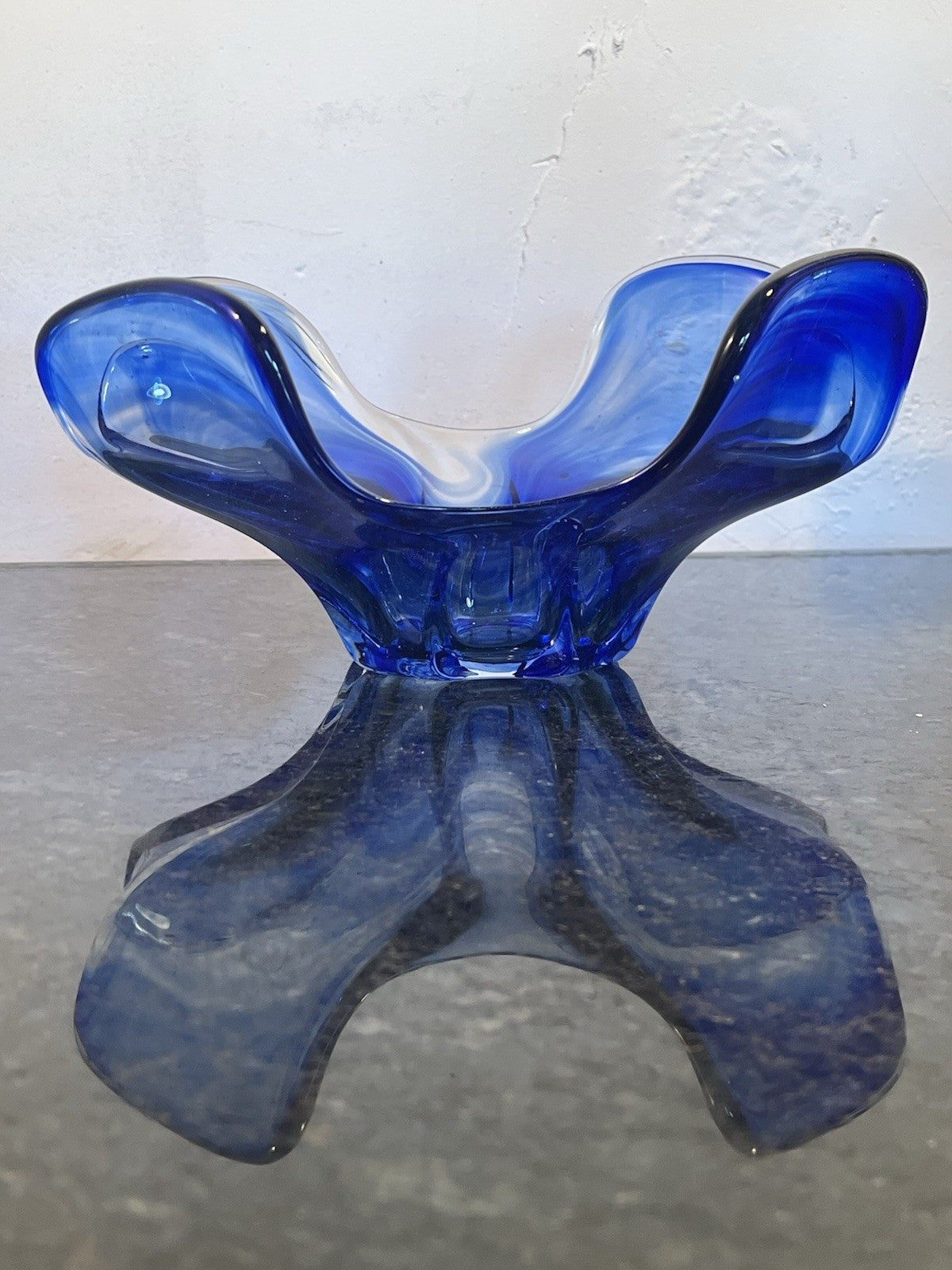 Vintage Czech Chřibská Style Hand Blown Blue Cased Art Glass Freeform Bowl