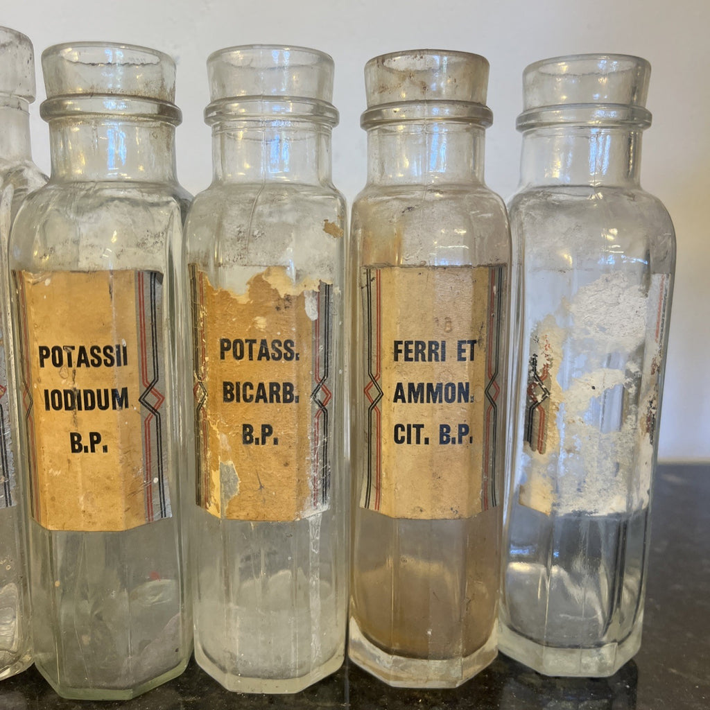 Antique Chemist Bottles Apothecary Pharmacy Labels Glass Set of 8 B.P.