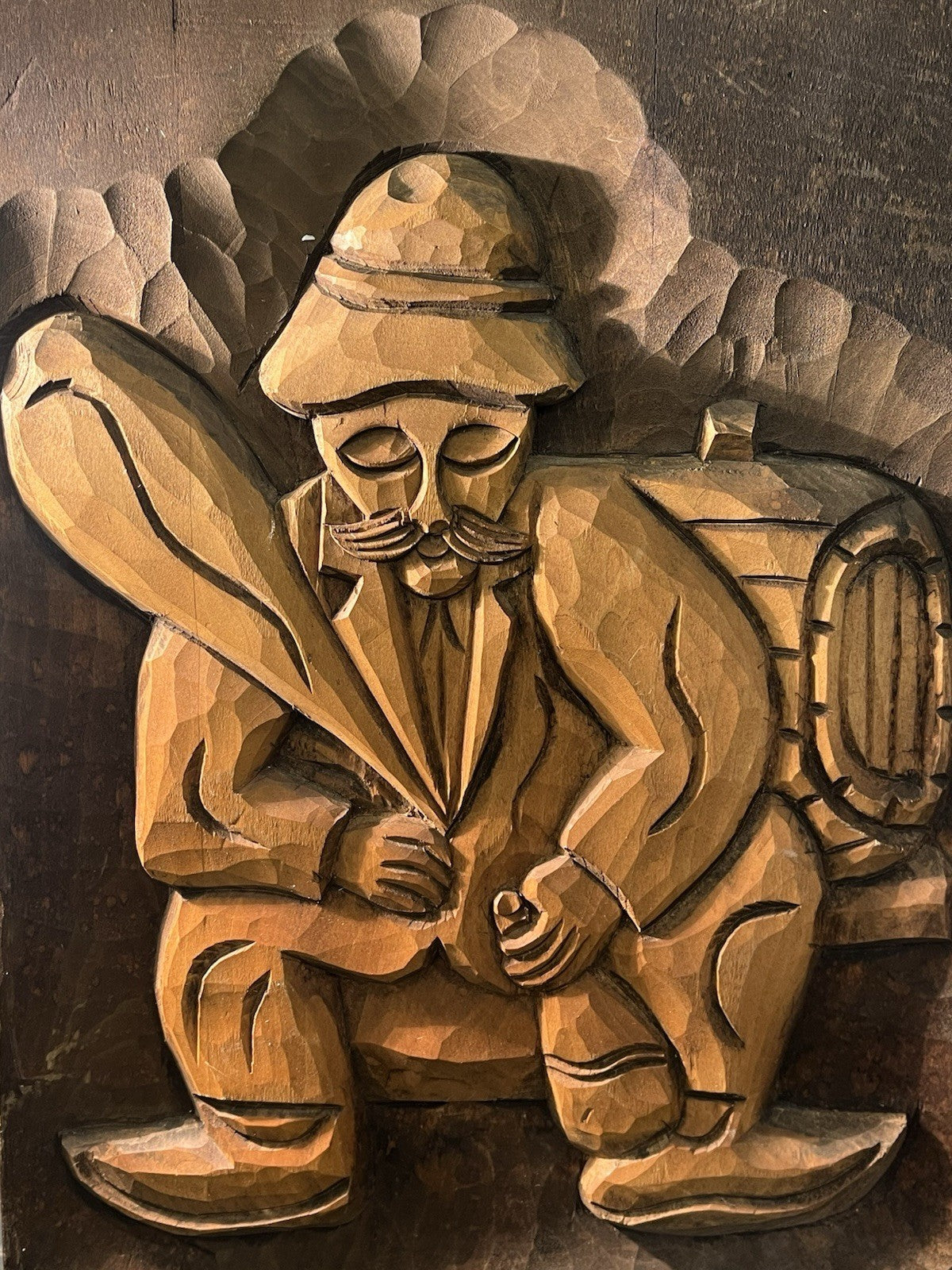 Hand Carved Wooden Folk Art Plaque Rustic Tavern Man With Barrel Wall Hanging