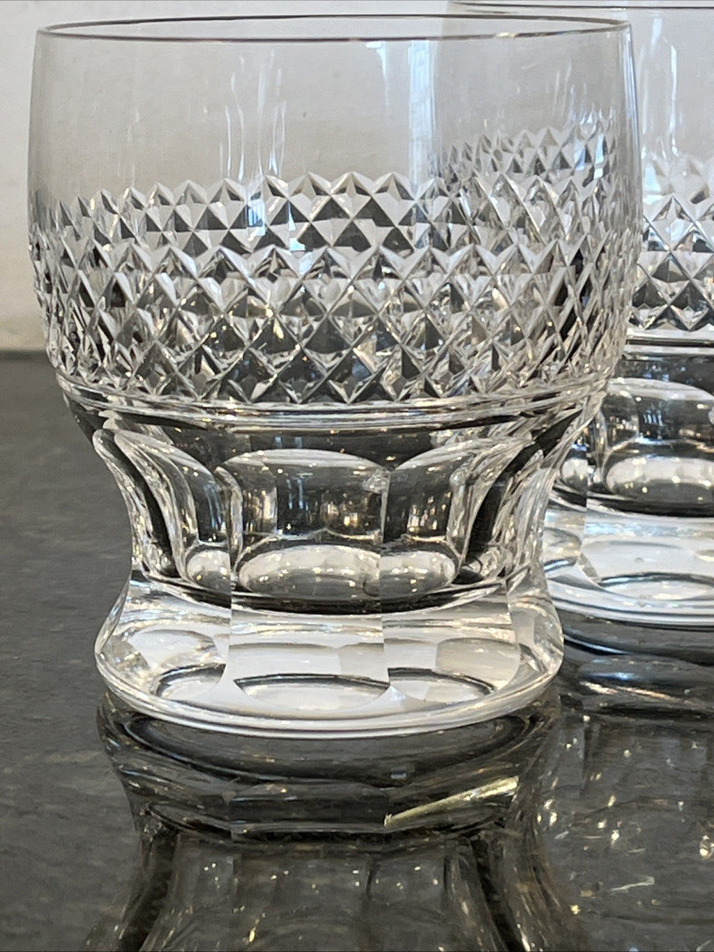 Cut Crystal Whisky Tumblers Diamond Pattern Heavy Base Set Of 3