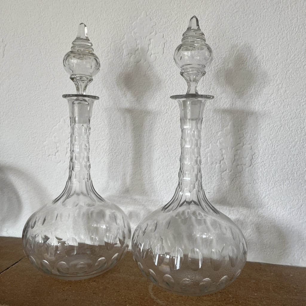 Vintage Cut Glass Decanter Pair Globe Shape Etched Oval Pattern Stoppers