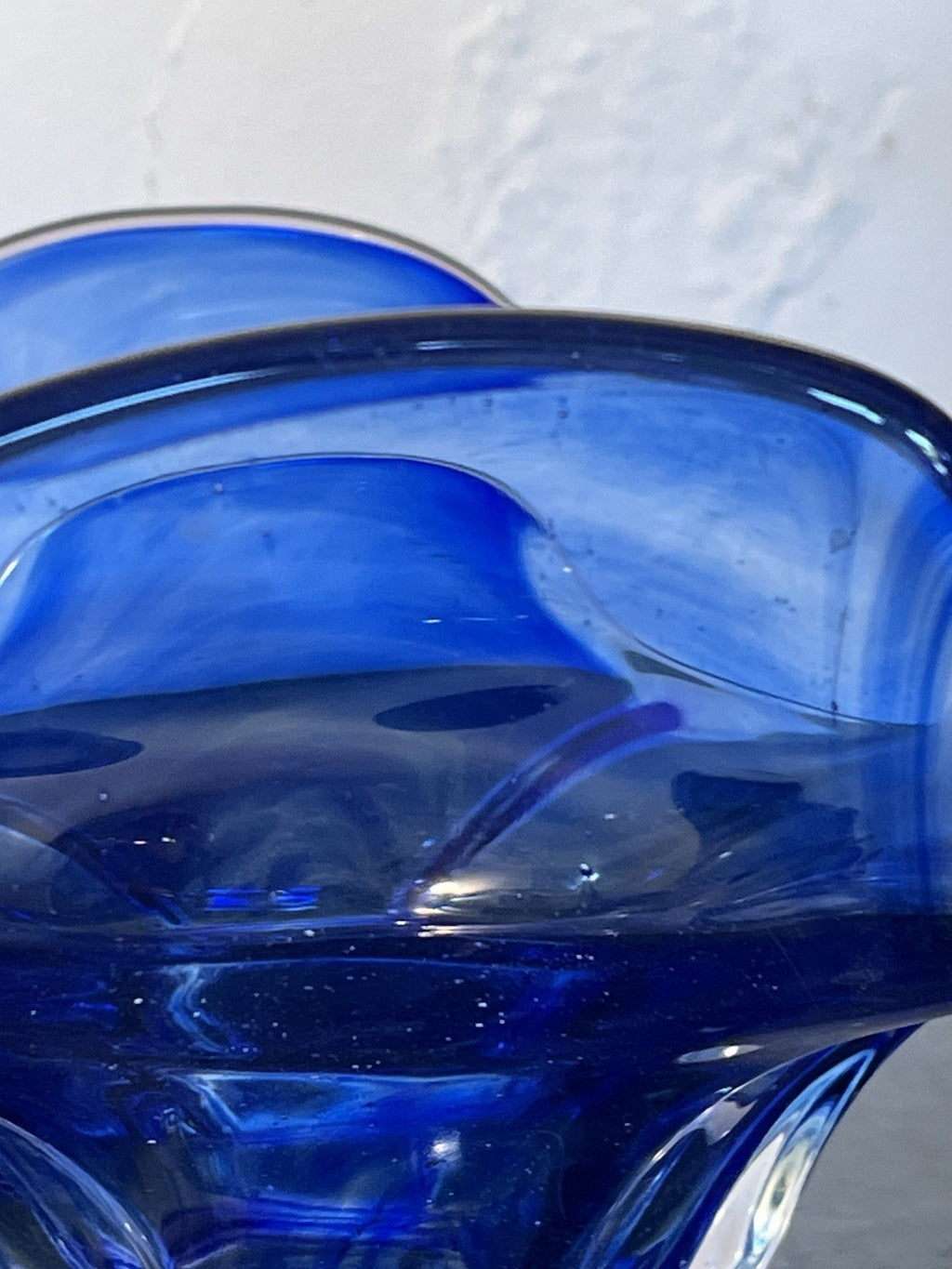 Vintage Czech Chřibská Style Hand Blown Blue Cased Art Glass Freeform Bowl