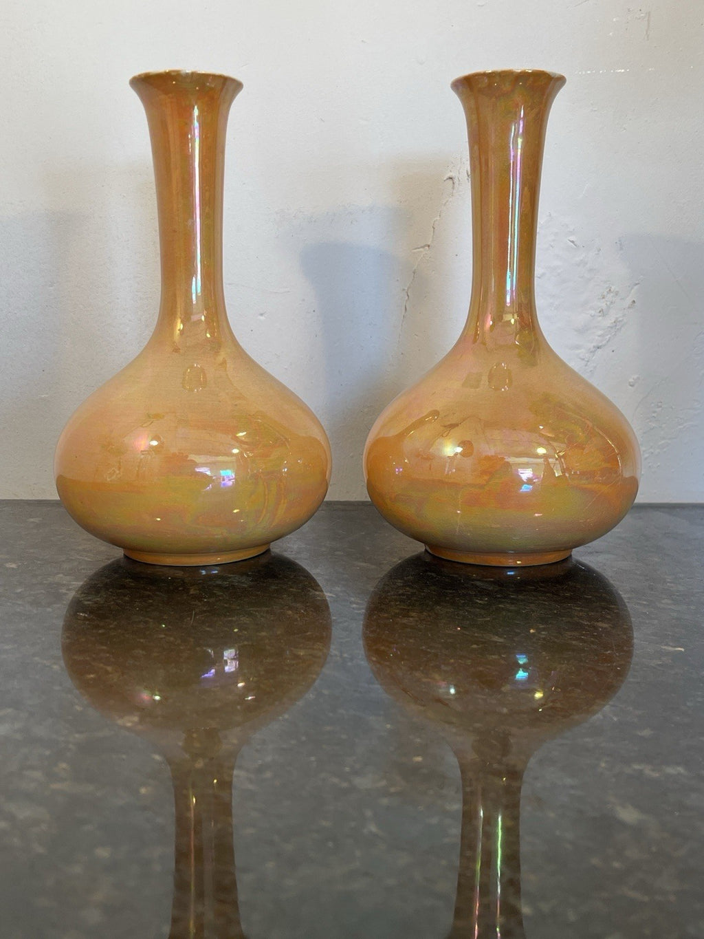 Pair Devon Ware Fieldings Lustre Vases Orange Iridescent Stoke