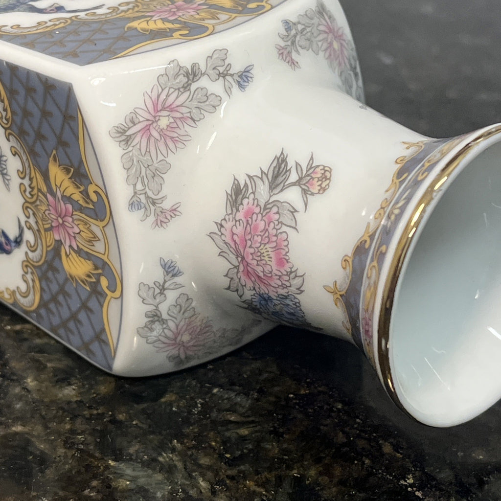 Japanese Peacock Decorative Porcelain Square Vase Blue Gold Floral 20th Century