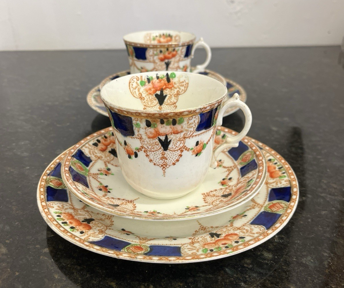 Antique Imari Teacup Trios Staffordshire Porcelain Pair c1820 Gilt
