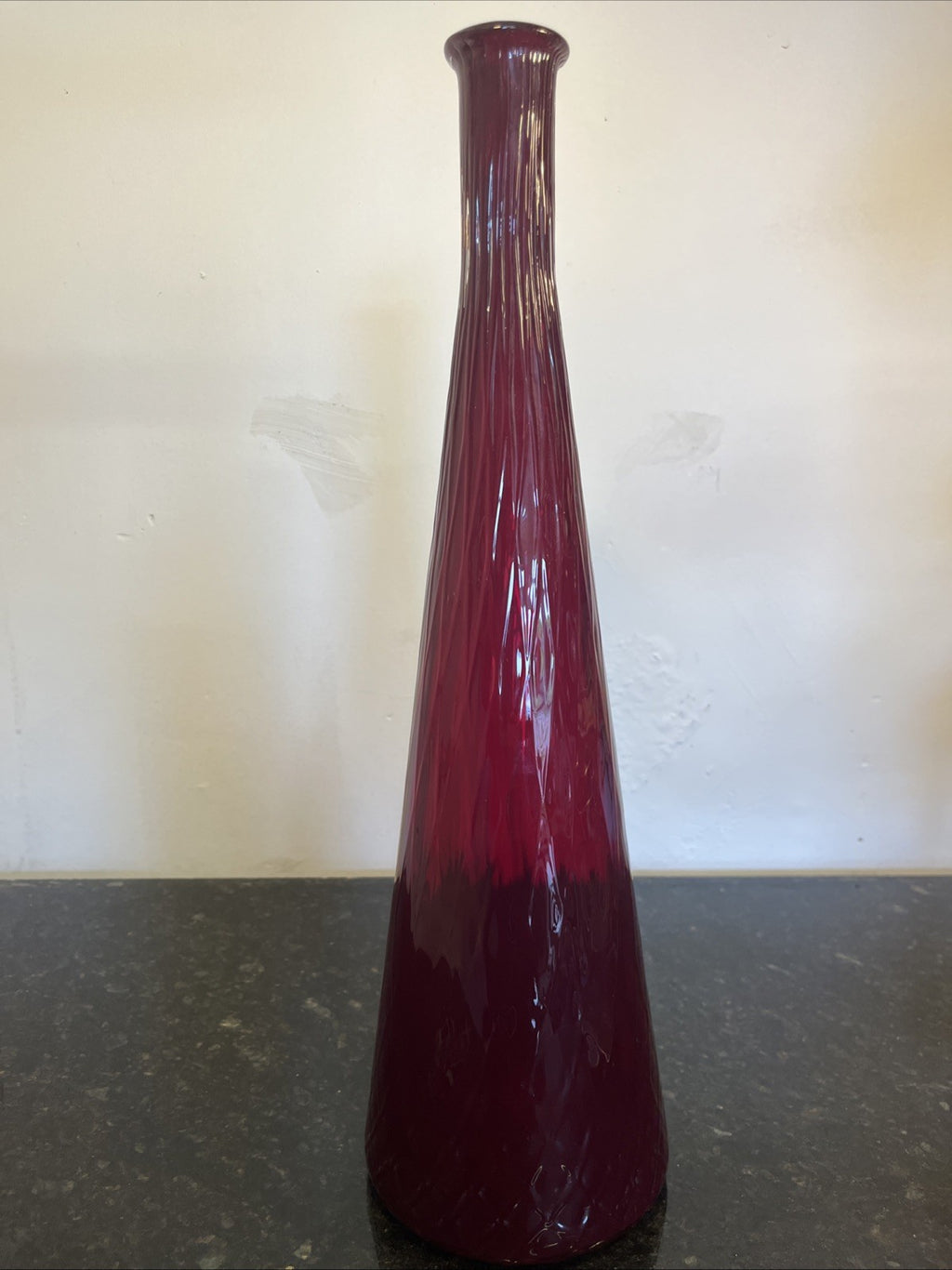 Empoli Ruby Red Genie Bottle Vase Italian Art Glass MCM Ribbed Decanter 46cm