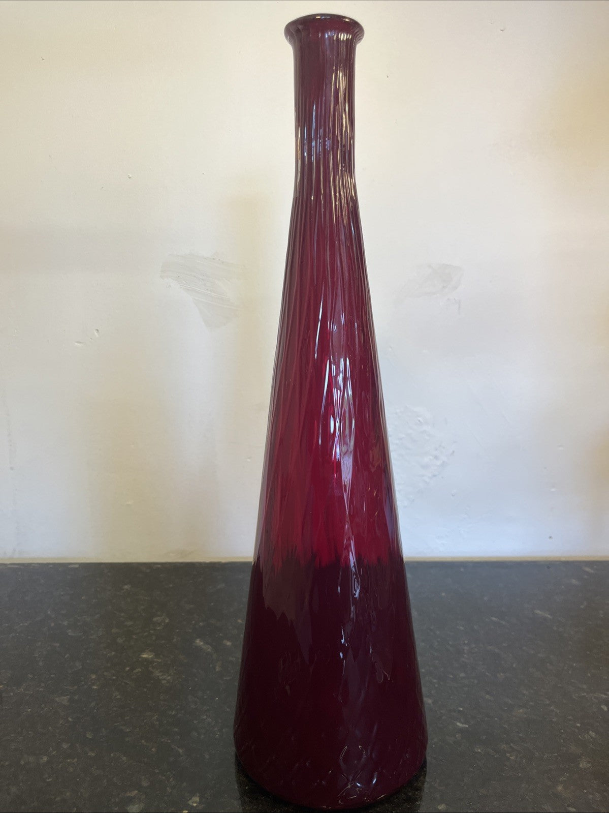 Empoli Ruby Red Genie Bottle Vase Italian Art Glass MCM Ribbed Decanter 46cm