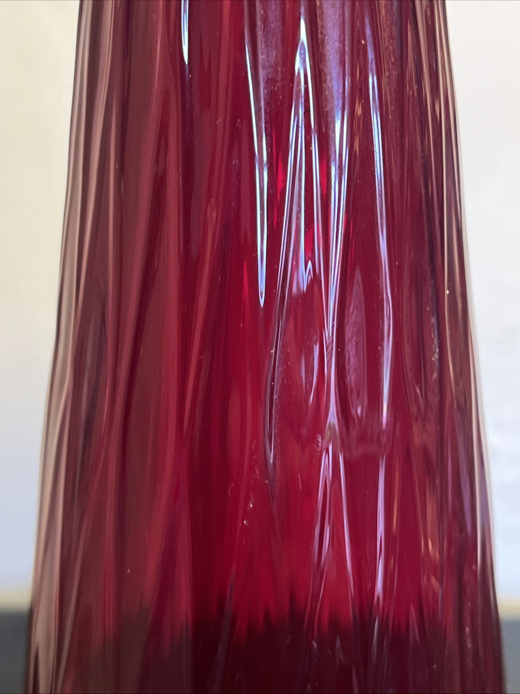 Empoli Ruby Red Genie Bottle Vase Italian Art Glass MCM Ribbed Decanter 46cm