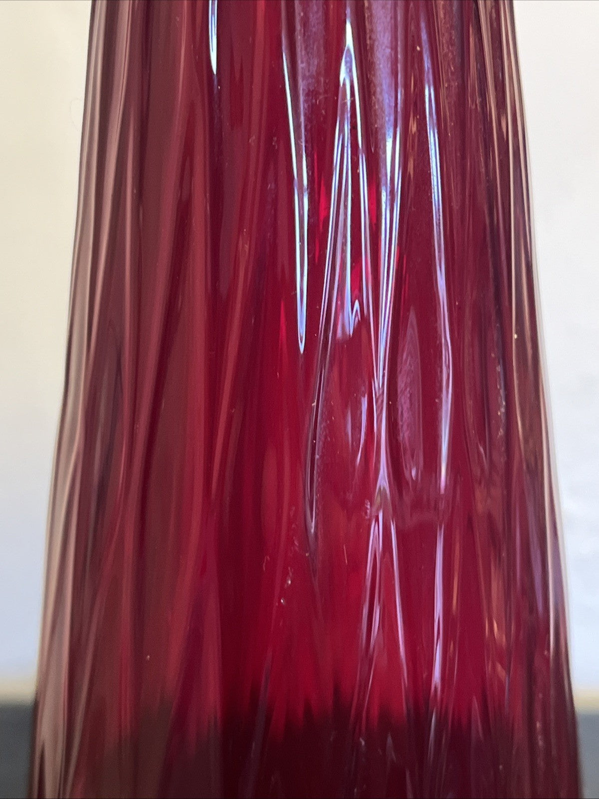 Empoli Ruby Red Genie Bottle Vase Italian Art Glass MCM Ribbed Decanter 46cm