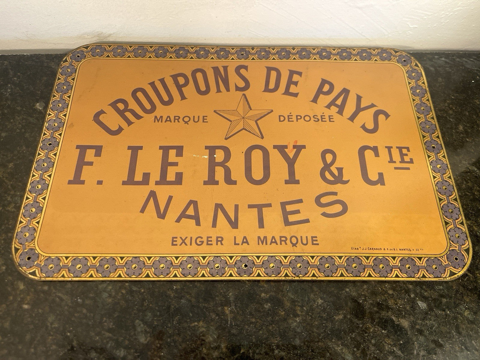 French Tin Advertising Sign F Leroy Nantes Croupons De Pays Leather Plaque